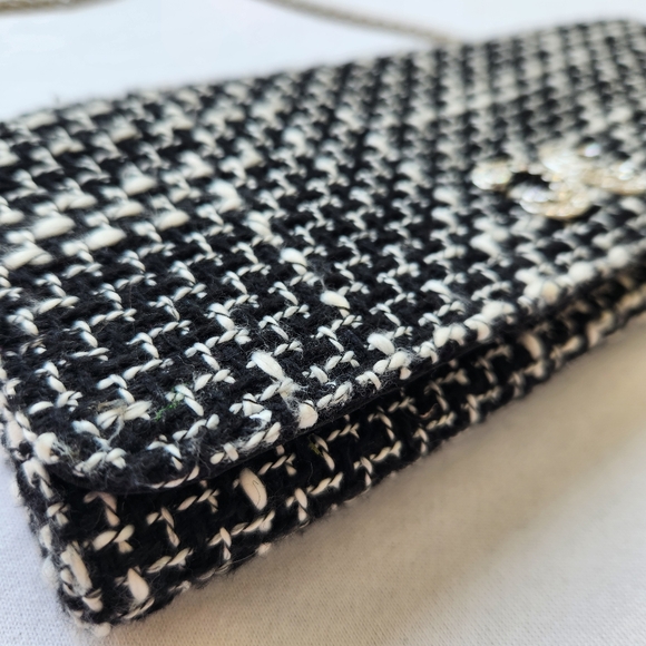 Cache Tweed Shoulder Bag Clutch Black White Silver Chain Sparkle Chic Elegant - Picture 6 of 16